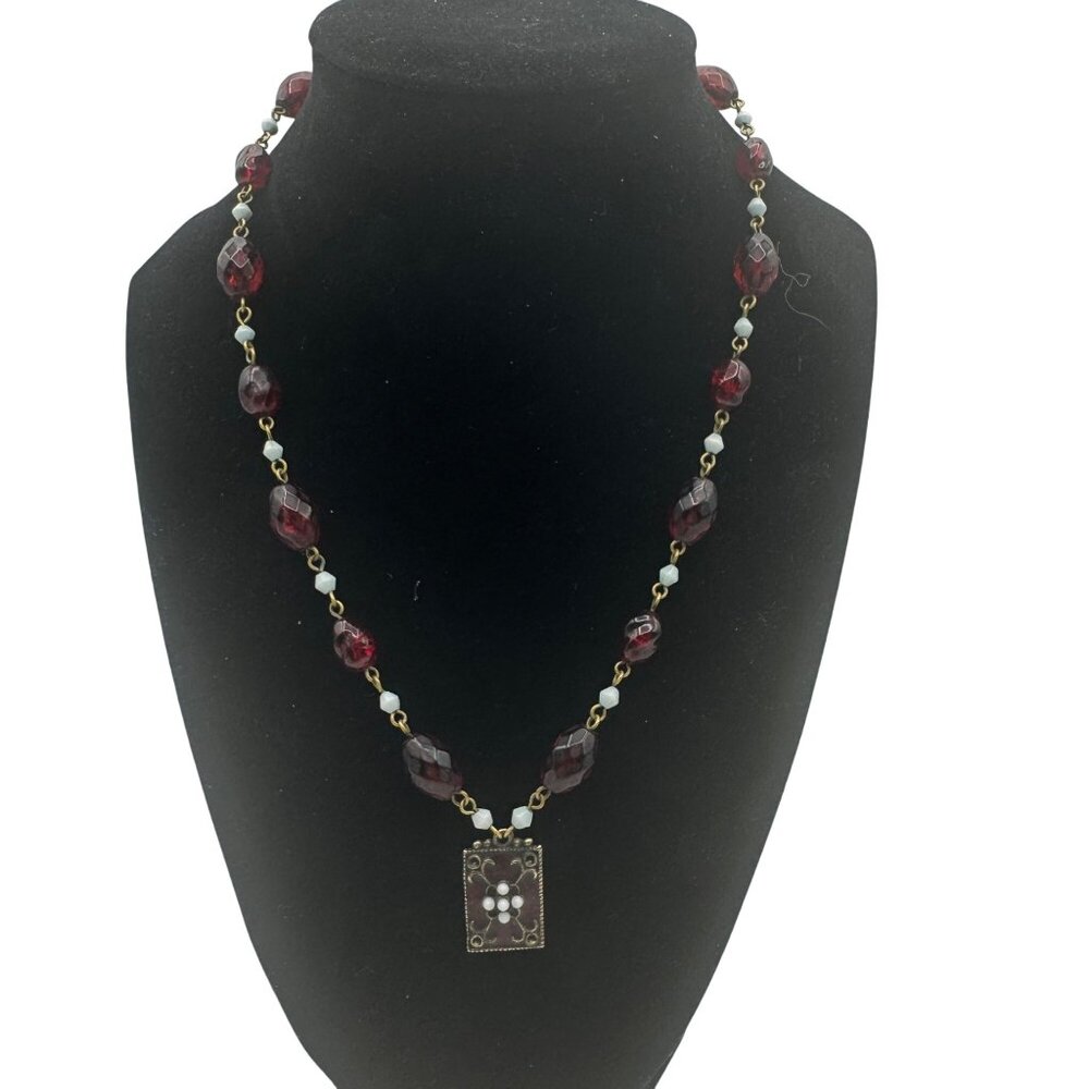 Handcrafted Red Beaded Necklace With Gold-Tone Chain & Ornate Floral Pendant